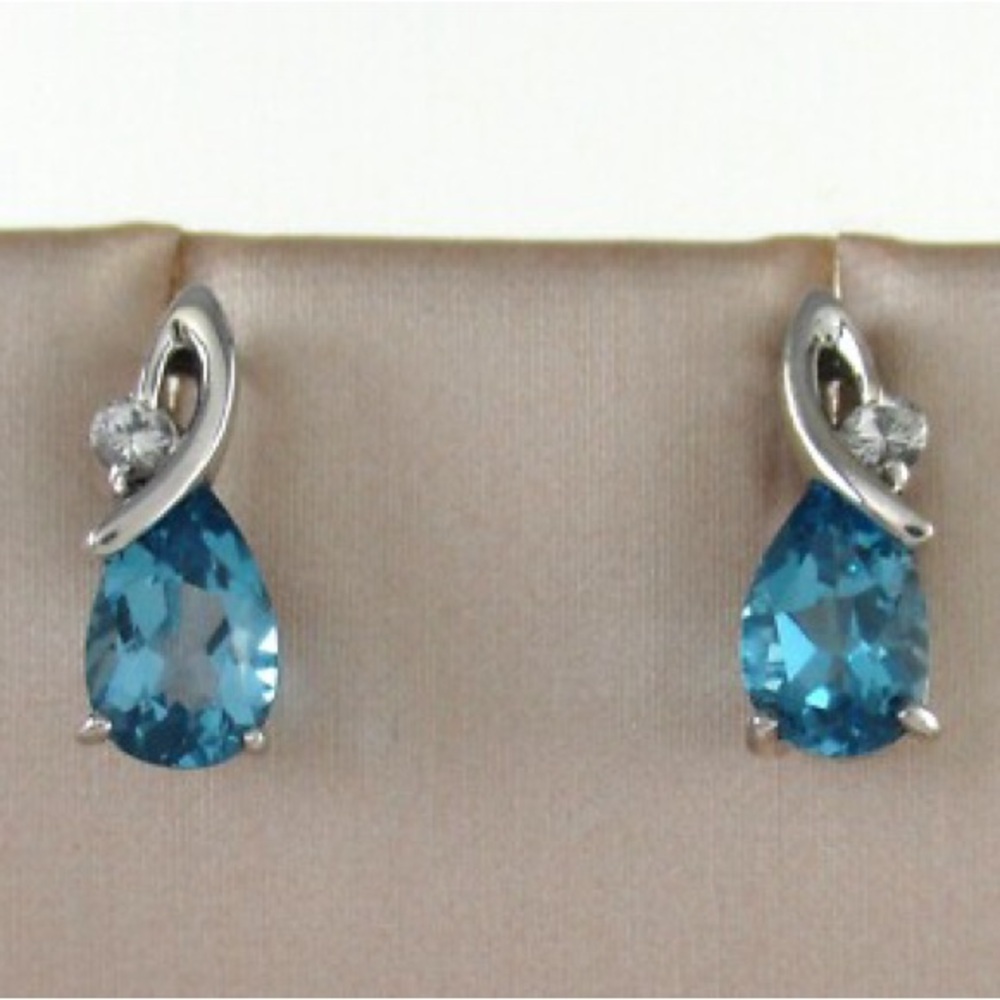 .925 Sterling Silver Blue Topaz Stud Earrings Pear Cut w/ White Topaz Accents